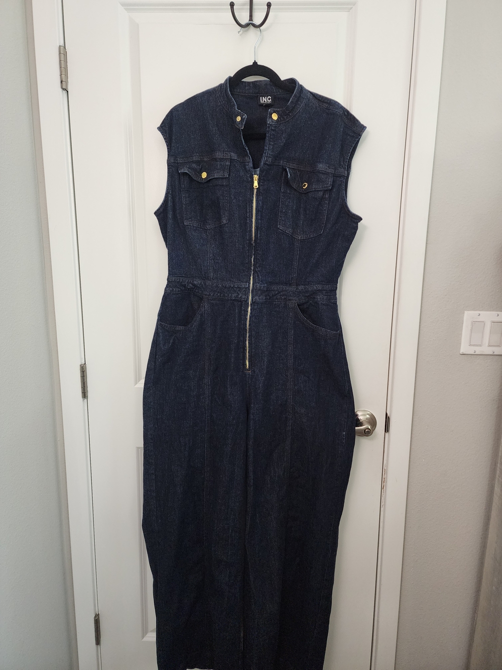 INC International Concepts Indigo Denim Sleeveless Jumpsuit with Front Zip